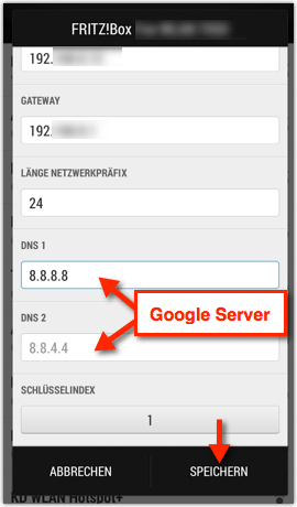 Screenshot Android, Google DNS Server eintragen